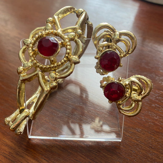 Vintage Gold Tone Red Rhinestone Bracelet Clip on Earrings Set