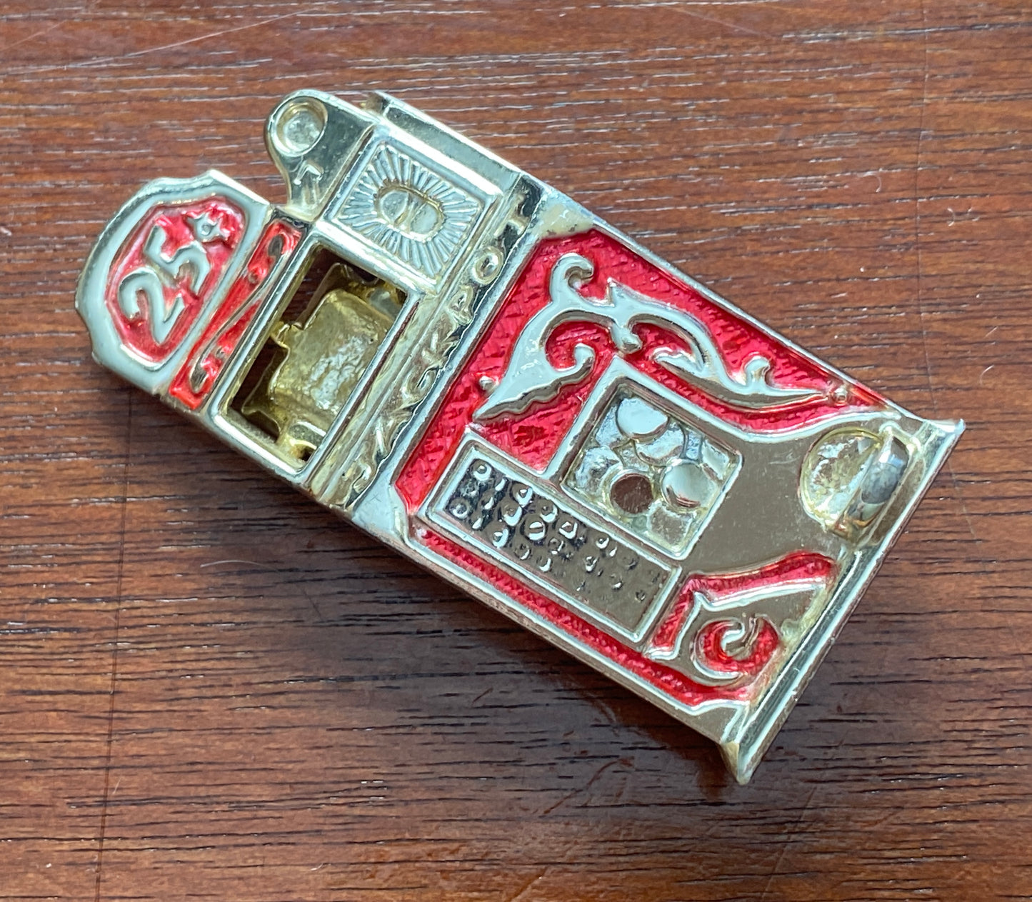 Vintage AJC Gold Tone Red Enamel Slot Machine Brooch Pin
