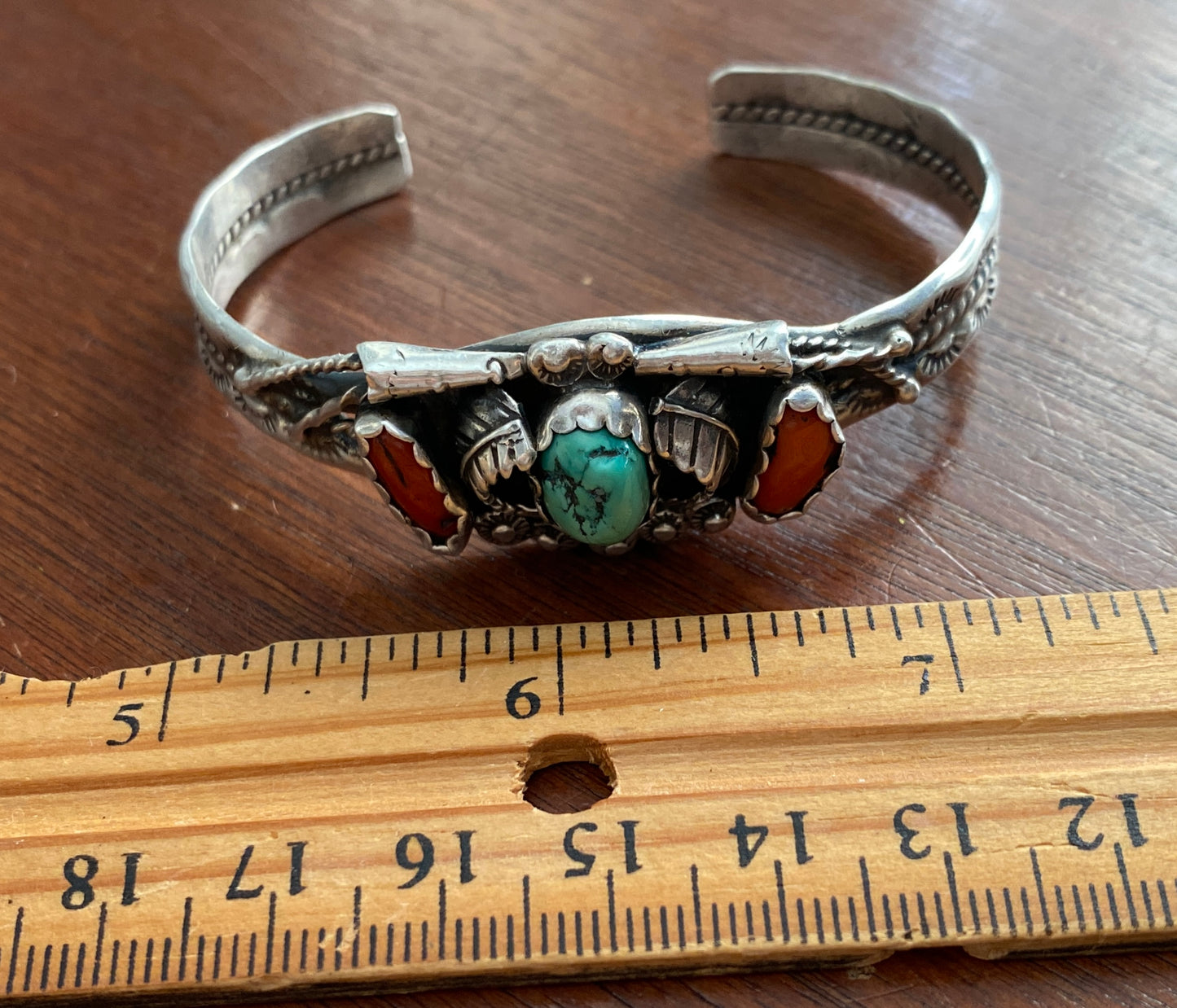 Vintage Sterling Silver 925 Turquoise Red Coral Bracelet Cuff