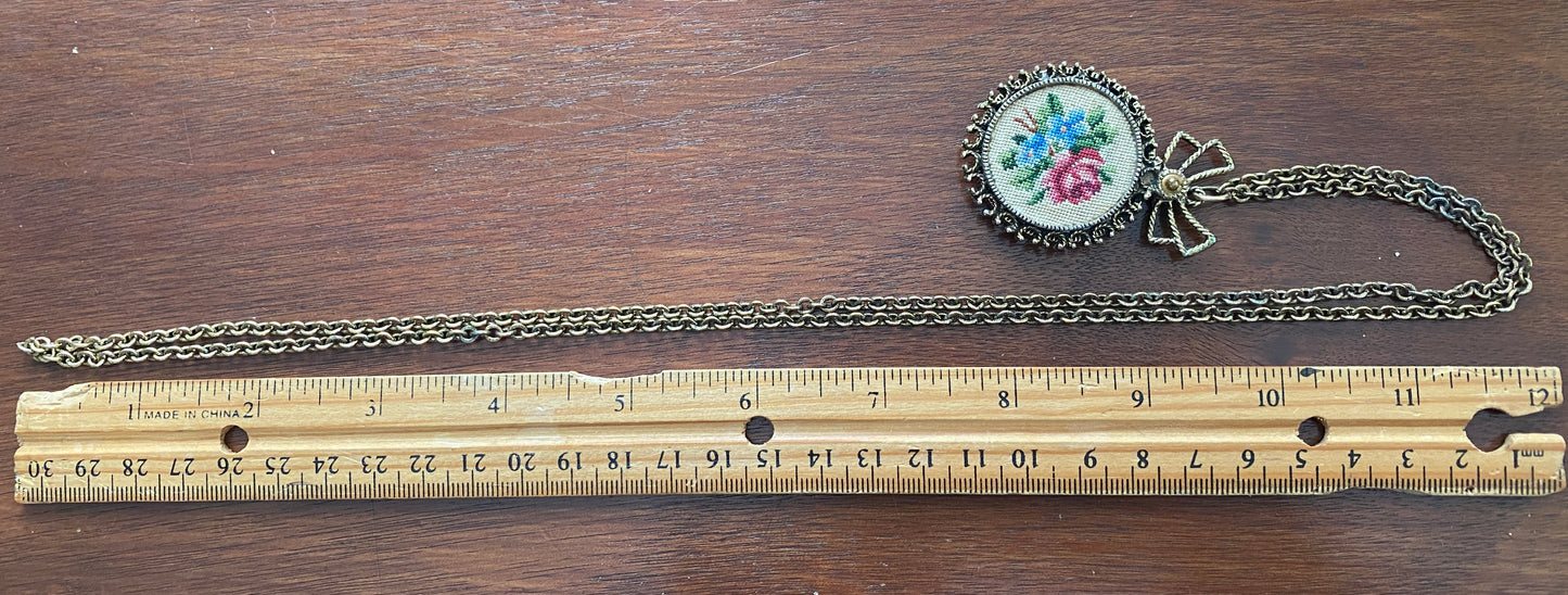 Vintage Tapestry Embroidered Pendant Necklace w Magnifying Glass Hidden