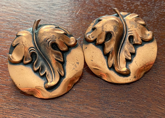 Vintage Copper Leaf Round Large Clip on Earrings