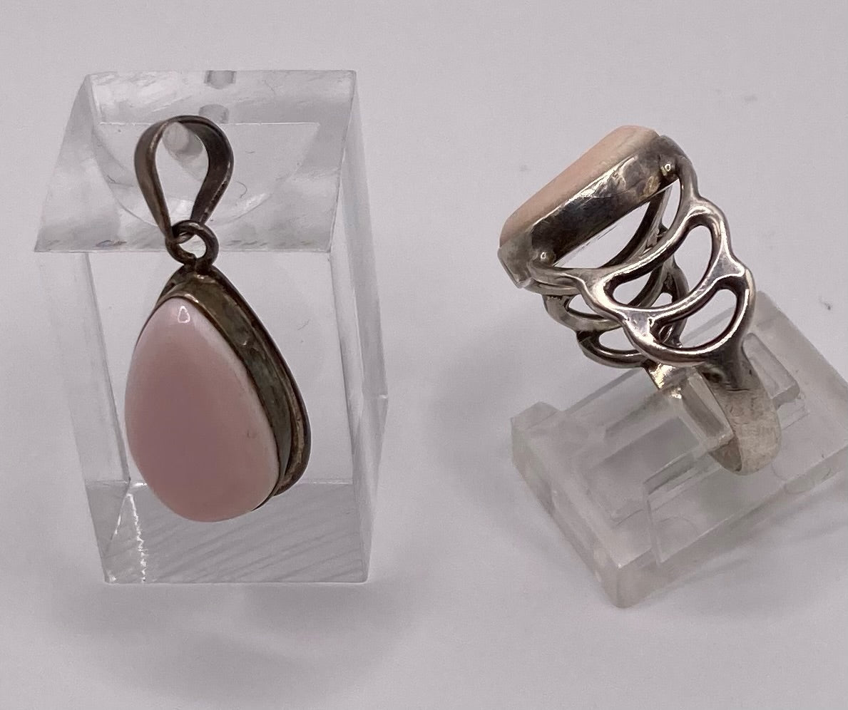 Sterling Silver 925 Pink Opal Ring and Matching Pendant Sz 8
