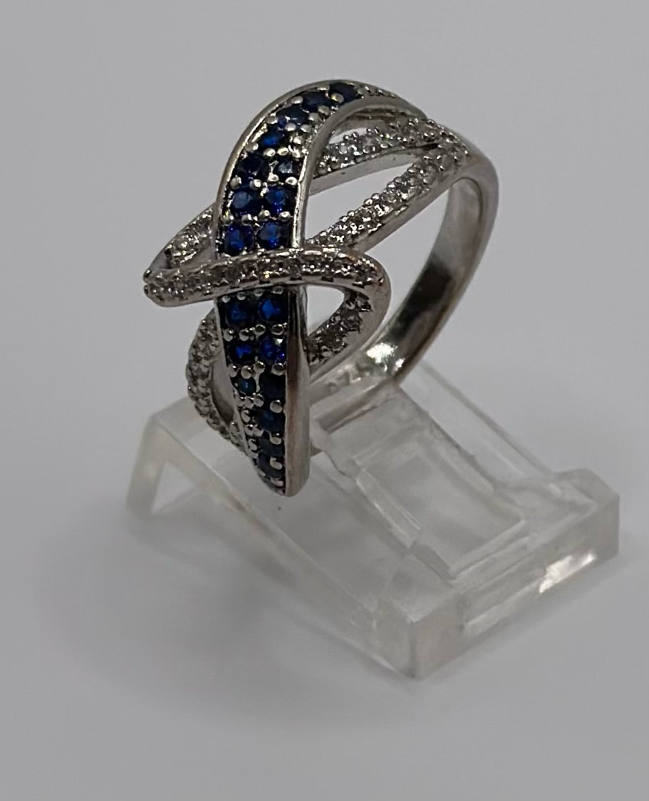 Sterling Silver 925 Blue White CZ Bypass Style Ring Sz 6.5