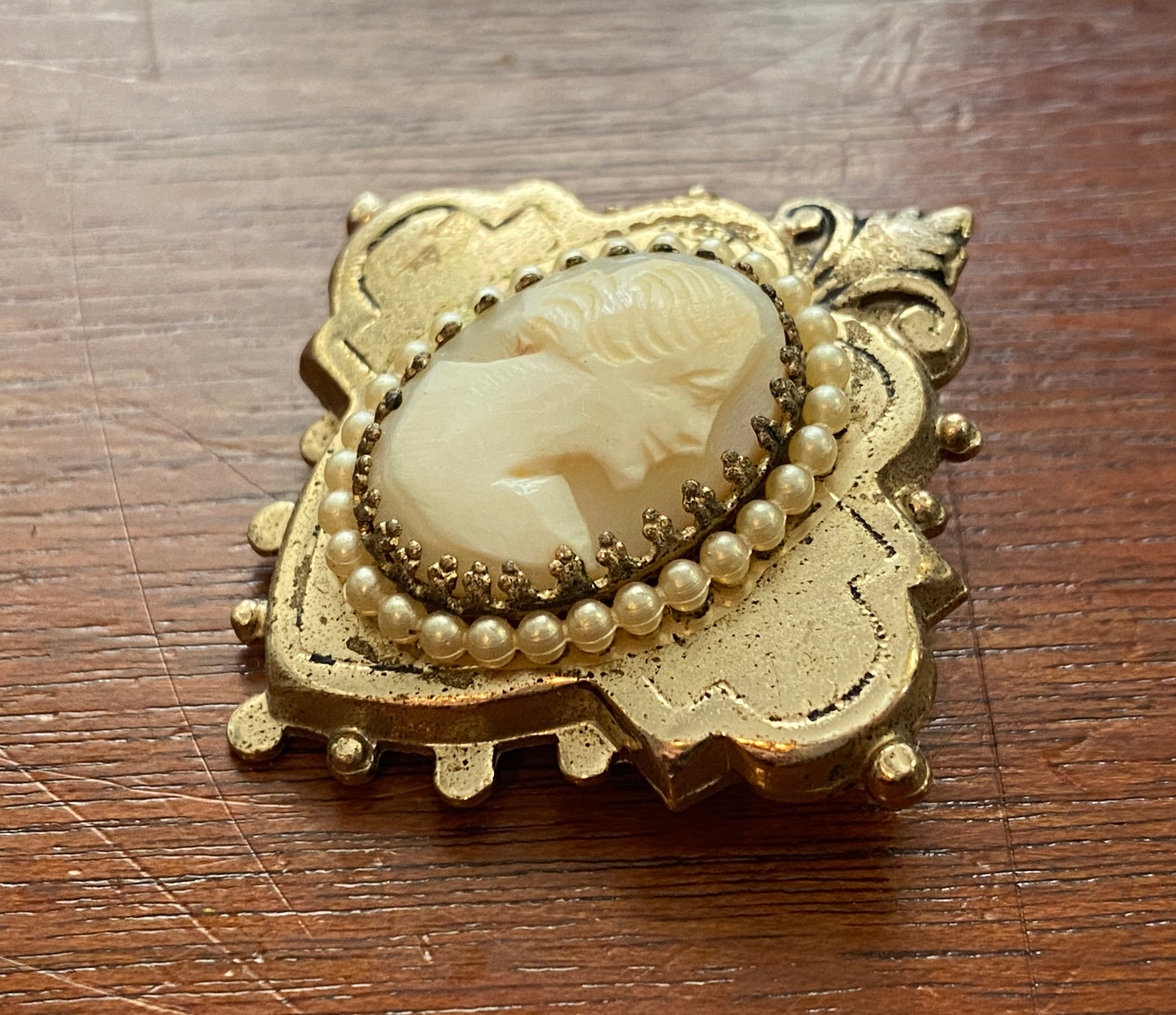 Vintage Coro Carved Cameo Seed Pearl Brooch Pin