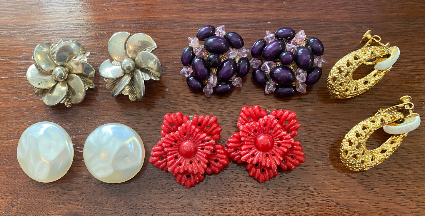 Vintage 80's Clip on Earrings Lot Carved Cluster Pearl Doorknocker