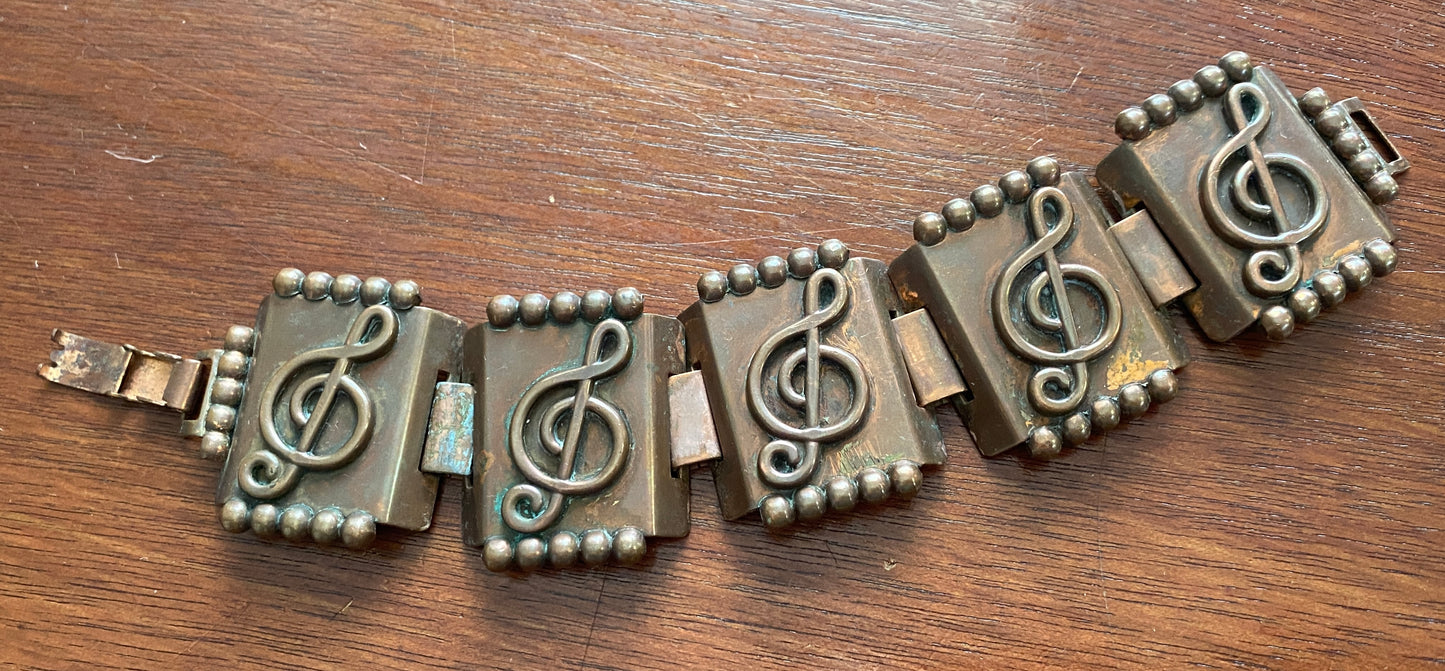 Vintage Copper Wide Panel Music Bracelet Unsigned Renoir Treble Clef