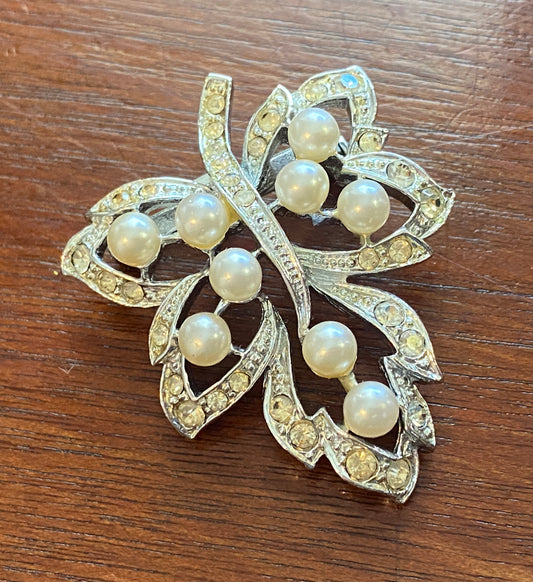 Vintage Silver Tone Faux Pearl Rhinestone Leaf Brooch Pin