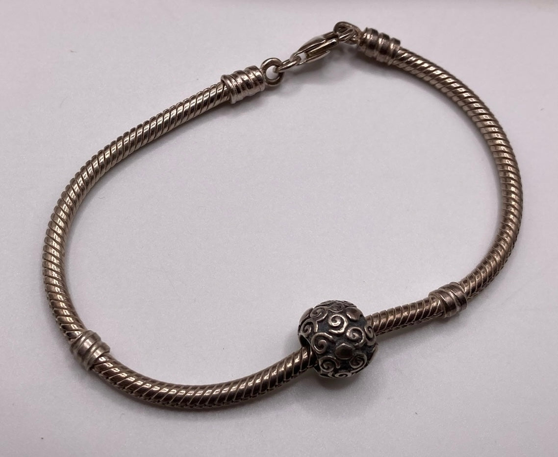 Sterling Silver 925 Snake Chain Barrel Bead Charm Bracelet