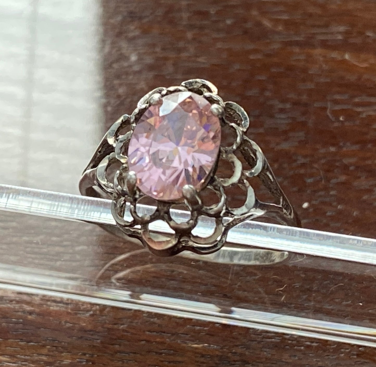 Sterling Silver 925 Pink Faceted Oval Stone Ring Sz 5.75