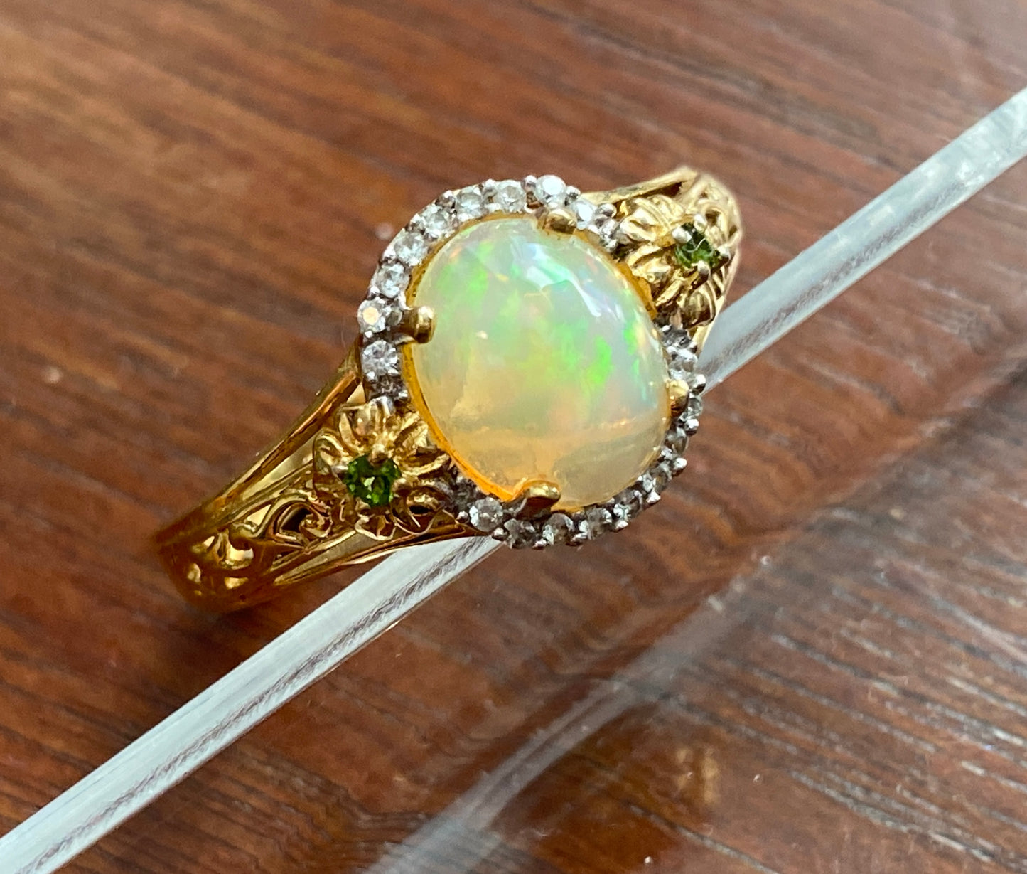 Gold Vermeil over Sterling Silver 925 Faux Opal Halo Flower Ring Sz 10