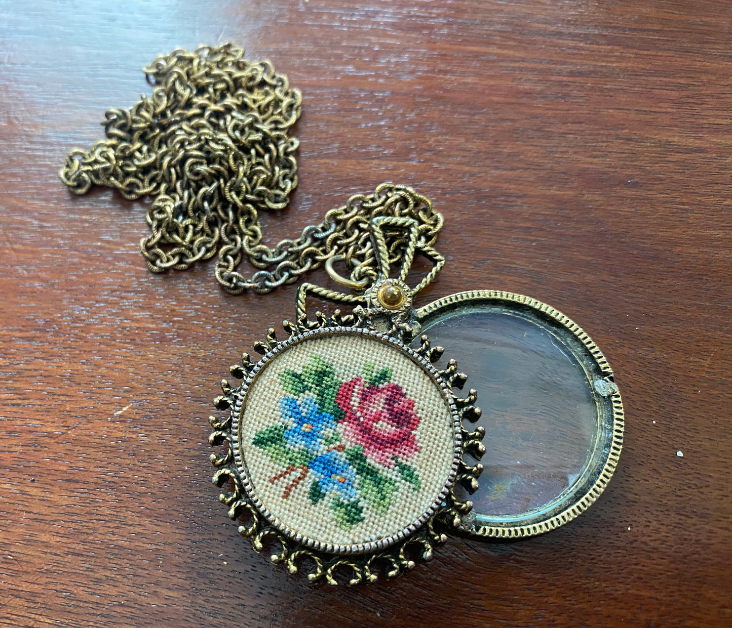 Vintage Tapestry Embroidered Pendant Necklace w Magnifying Glass Hidden