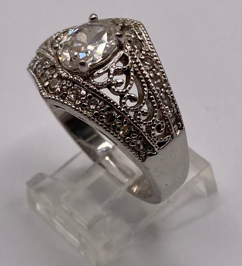 Sterling Silver 925 CZ Filigree Oval Stone Ring Sz 11.25