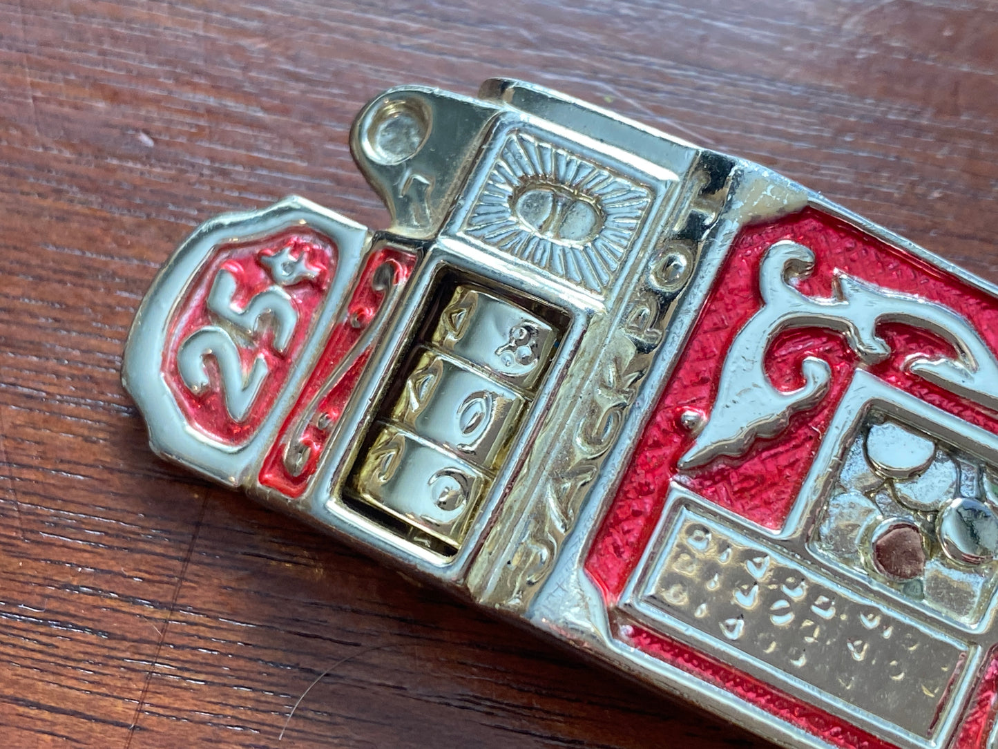 Vintage AJC Gold Tone Red Enamel Slot Machine Brooch Pin