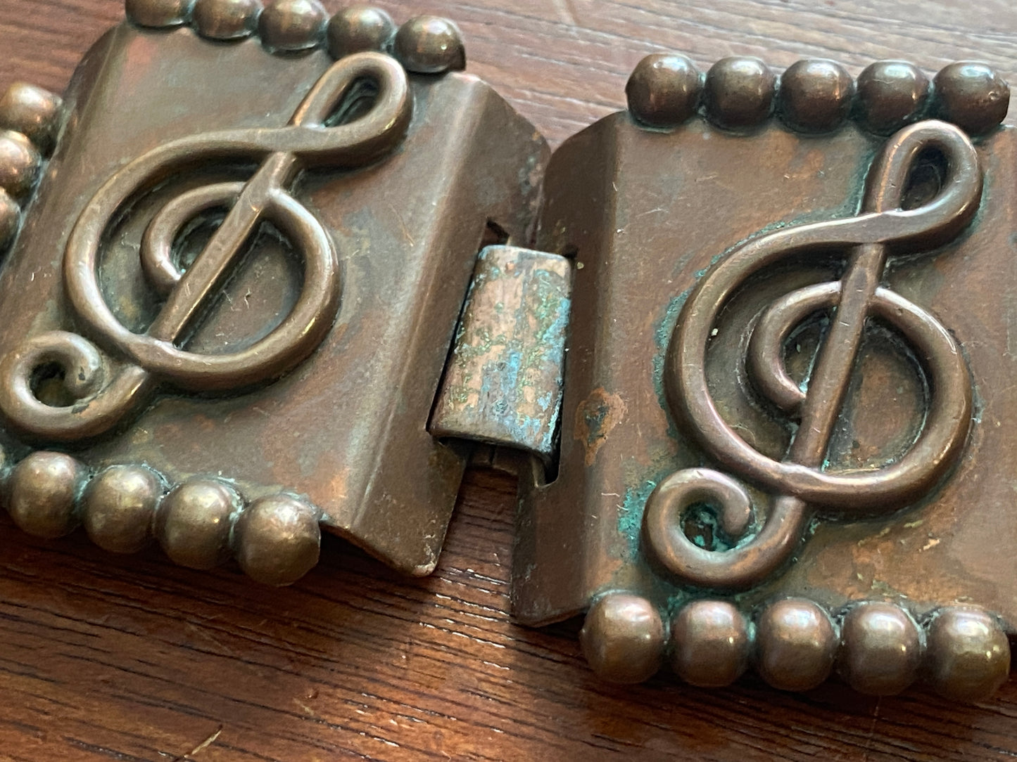 Vintage Copper Wide Panel Music Bracelet Unsigned Renoir Treble Clef