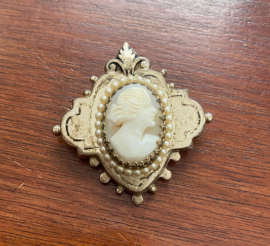 Vintage Coro Carved Cameo Seed Pearl Brooch Pin