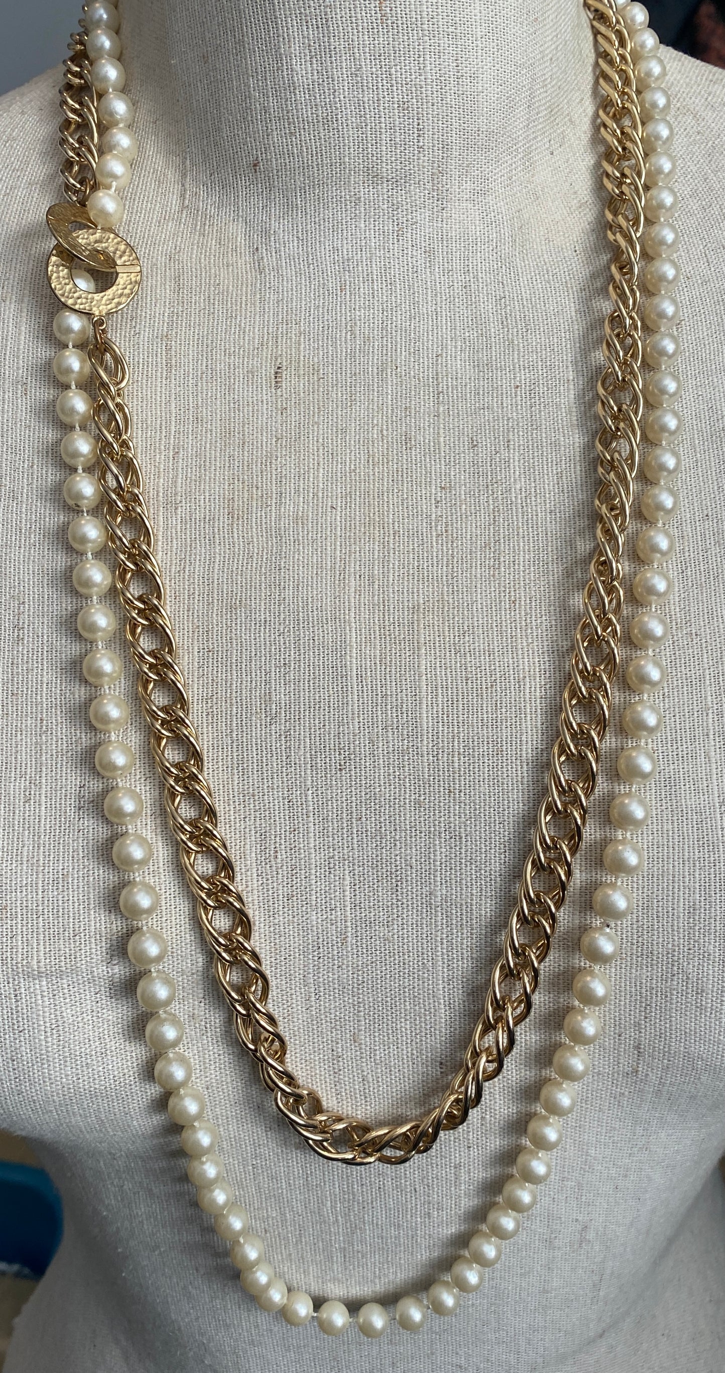 Vintage Faux Pearl Gold Tone Chain 2 Strand Necklace 34" Long