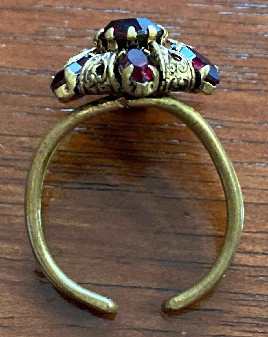 Vintage Made in Austria Cranberry Red Glass Brass Adjustable Ring