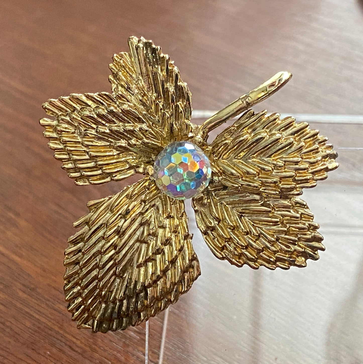 Vintage Aurora Borealis Rhinestone AB Disco Faceted Leaf Brooch Pin