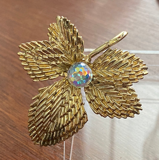 Vintage Aurora Borealis Rhinestone AB Disco Faceted Leaf Brooch Pin