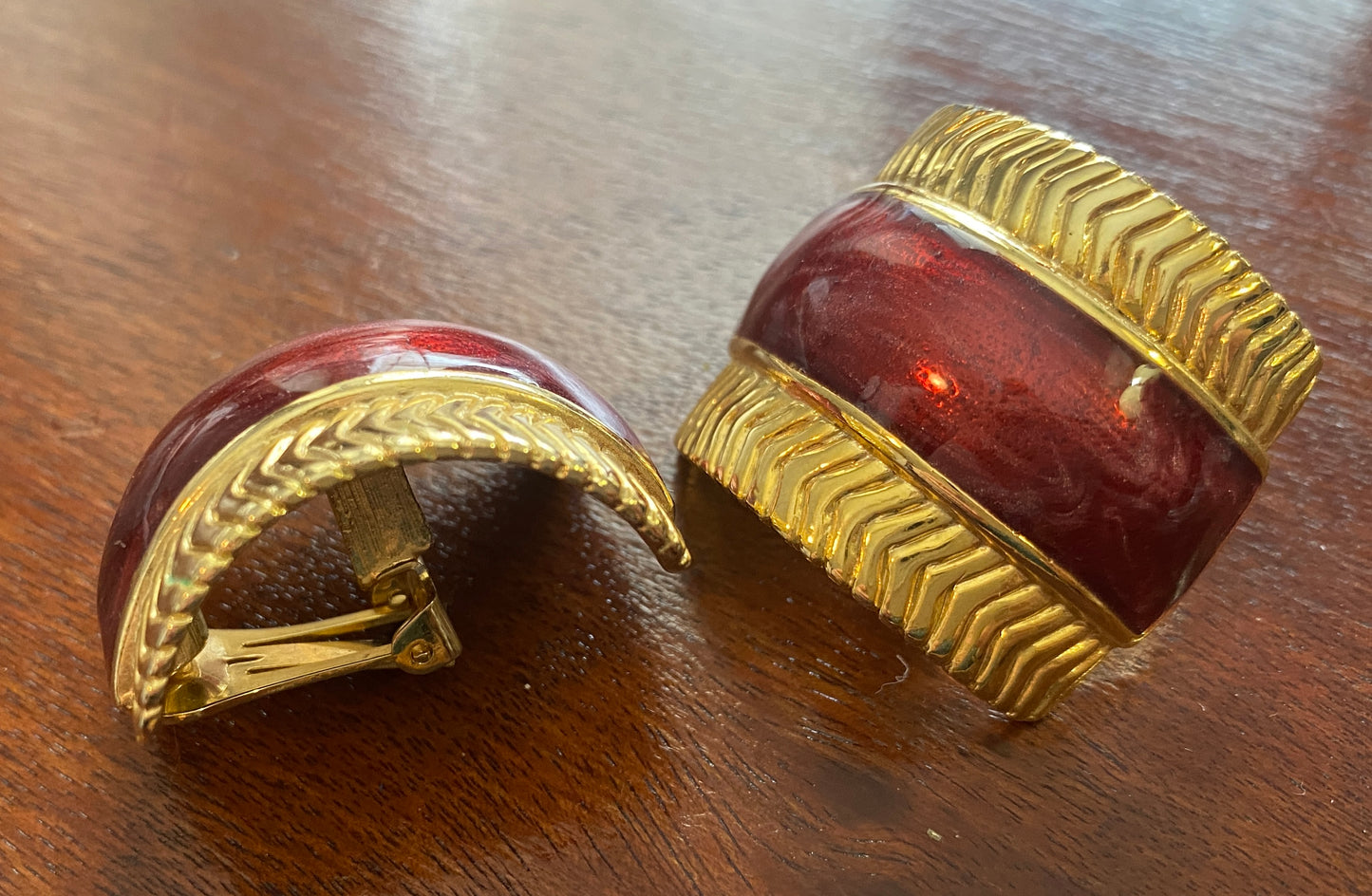 Vintage Large Domed Gold Maroon Burgundy Guilloche Clip on Earrings