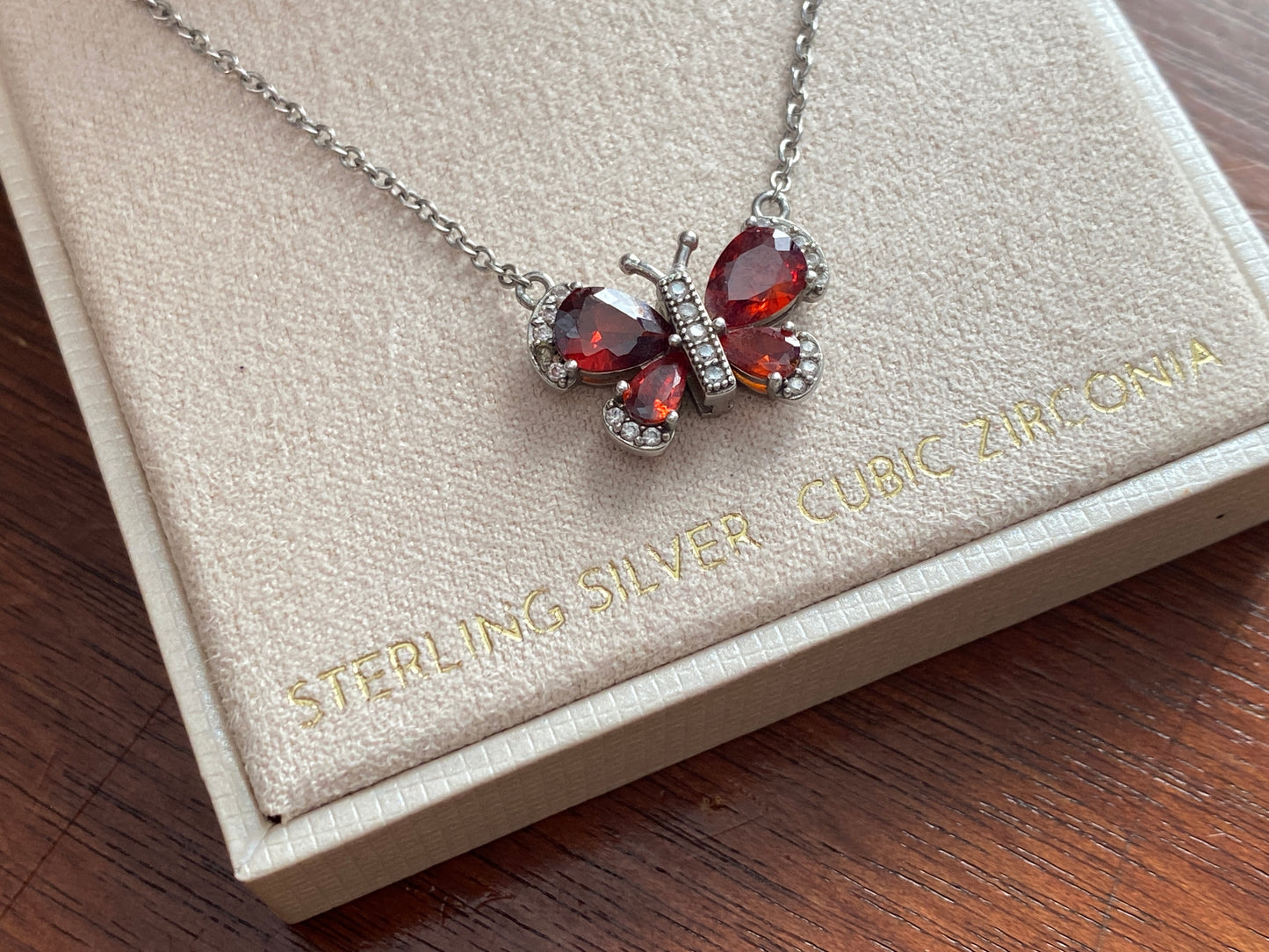 Olivia and Jackson Sterling Silver 925 CZ Red Stone Butterfly Necklace