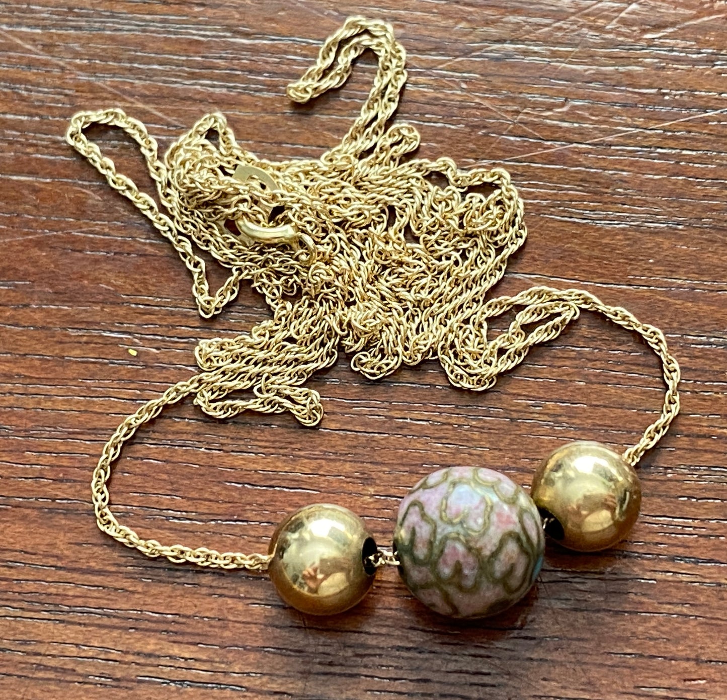 14k Yellow Gold Chain Necklace Cloisonne Bead Ball Bead Necklace