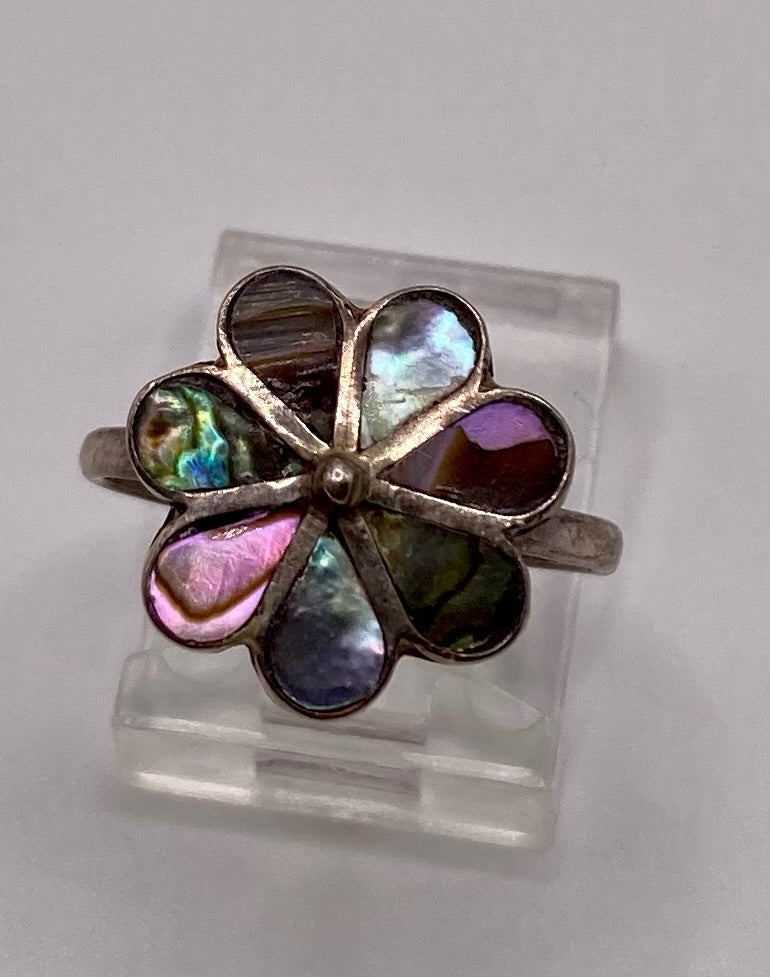 Vintage Sterling Silver 925 Abalone Inlay Flower Ring Sz 6.5