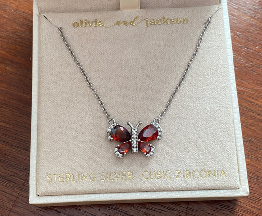 Olivia and Jackson Sterling Silver 925 CZ Red Stone Butterfly Necklace