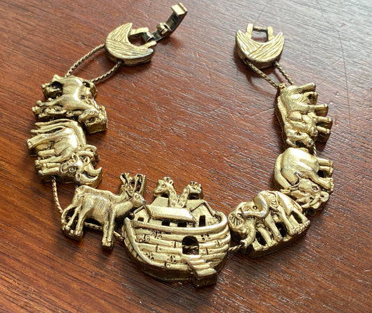 Vintage Gold Tone Noahs Ark Slide Charm Bracelet - Signed TOFA