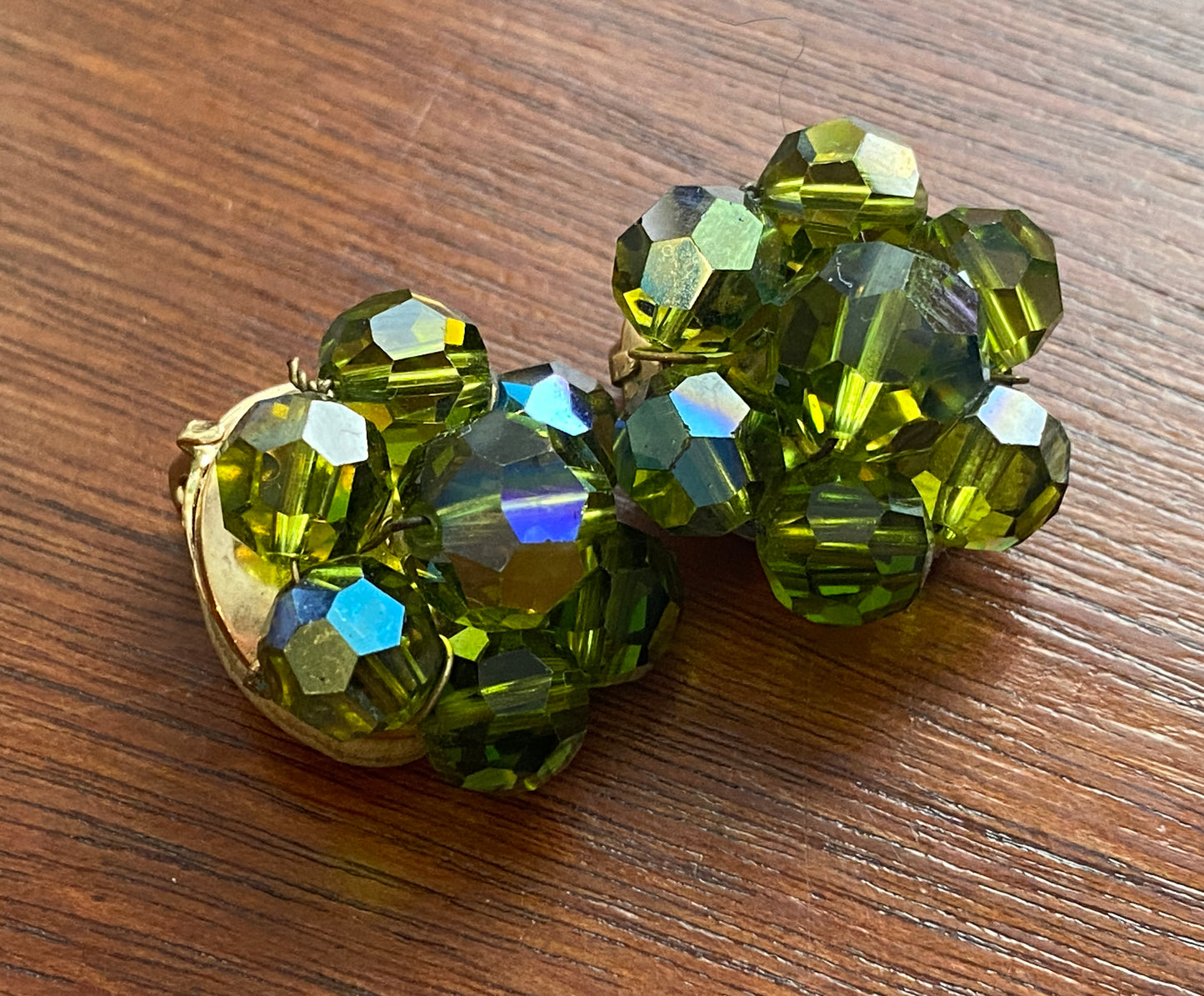 Vintage Green Faceted AB Beaded Cluster Clip on Earrings