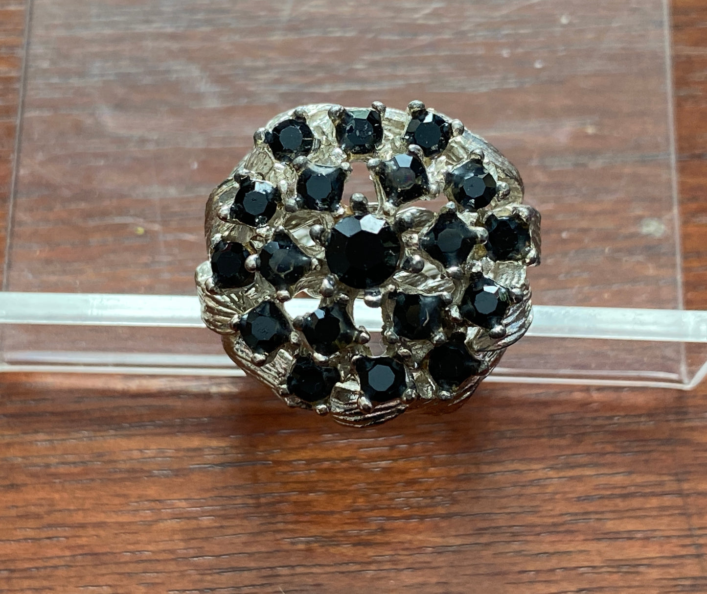 Silver Tone Black Rhinestone Cocktail Bombe Ring Sz 5