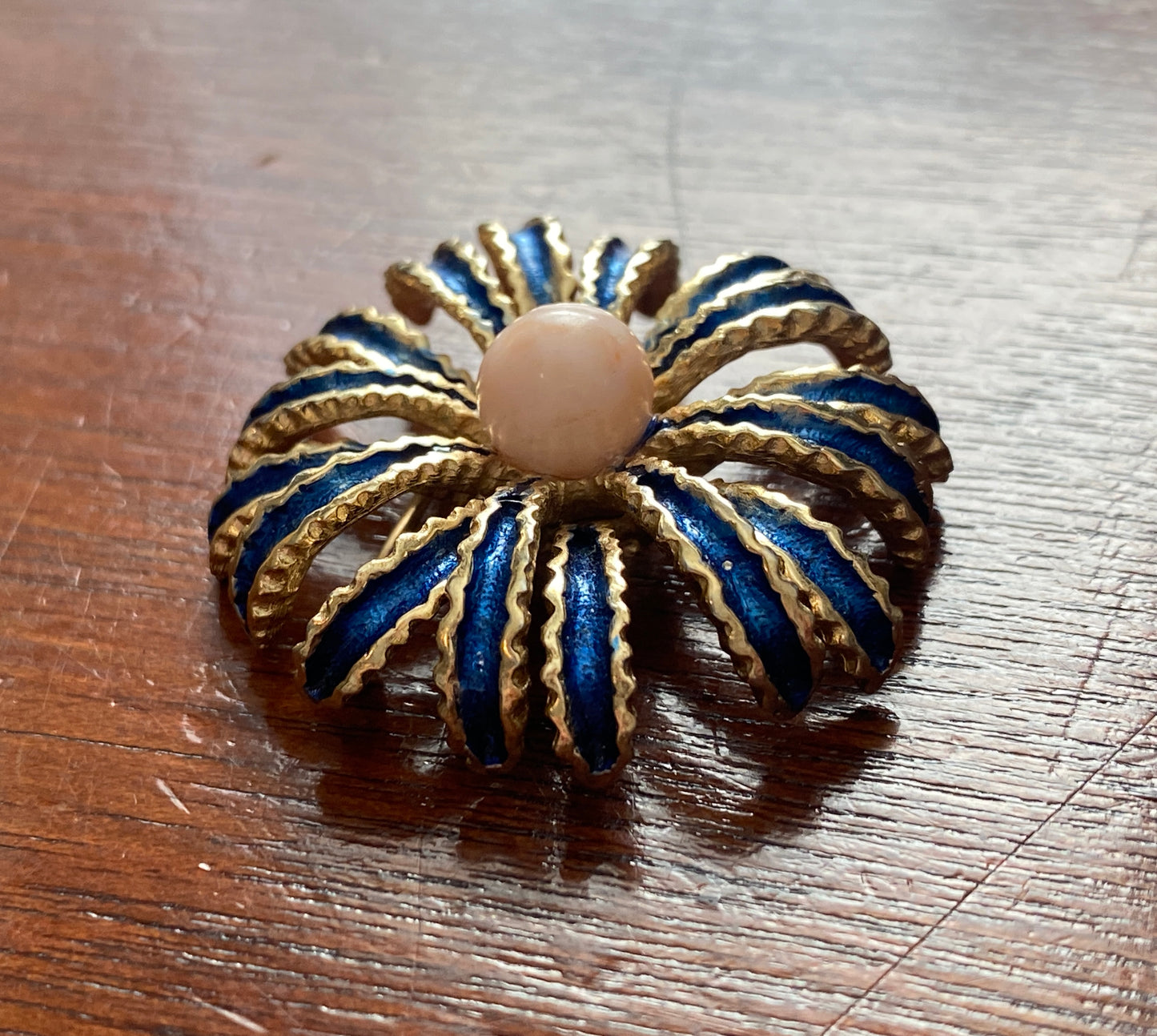 Vintage Trifari Blue Enamel Pink Marbled Domed Brooch Pin Round