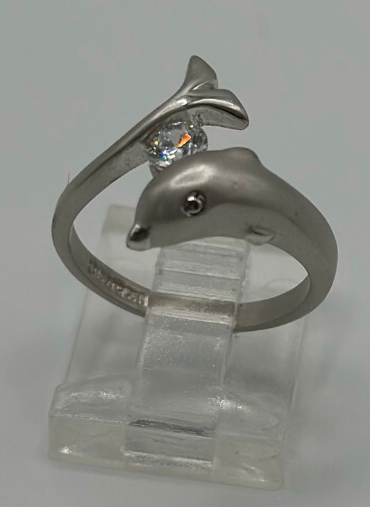 Matte Sterling Silver 925 Round CZ Bypass Style Dolphin Wrap Ring Sz 5.5