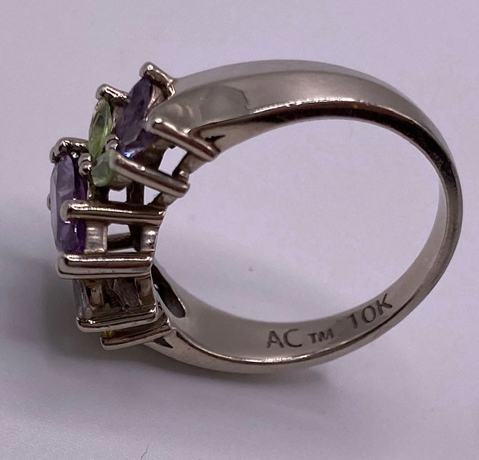 10k White Gold Marquise Semi Precious Stone Ring Sz 6.5 Signed AC