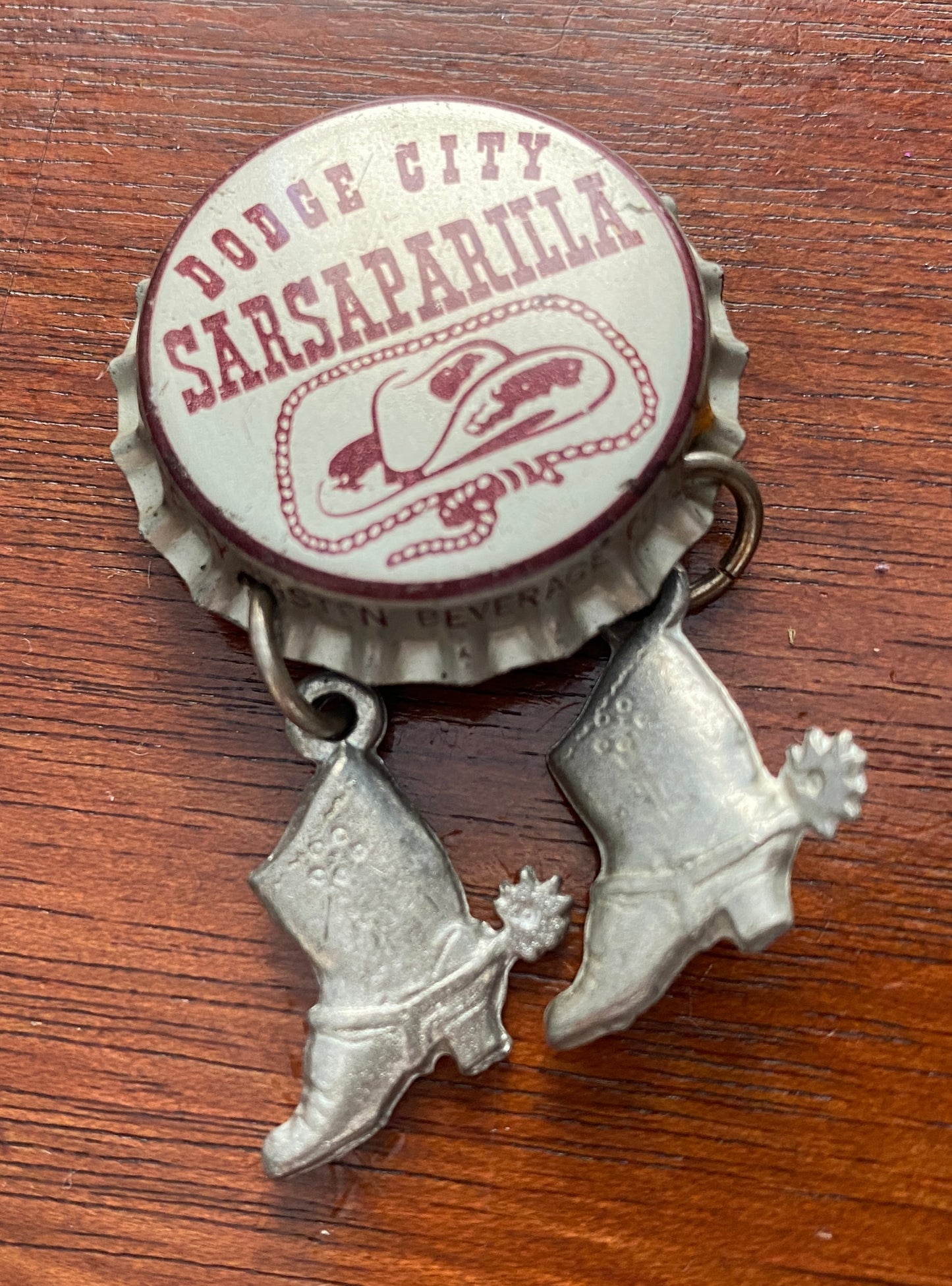 Vintage Dodge City Sarsaparilla Cowboy Western Brooch Pin Bottle Cap