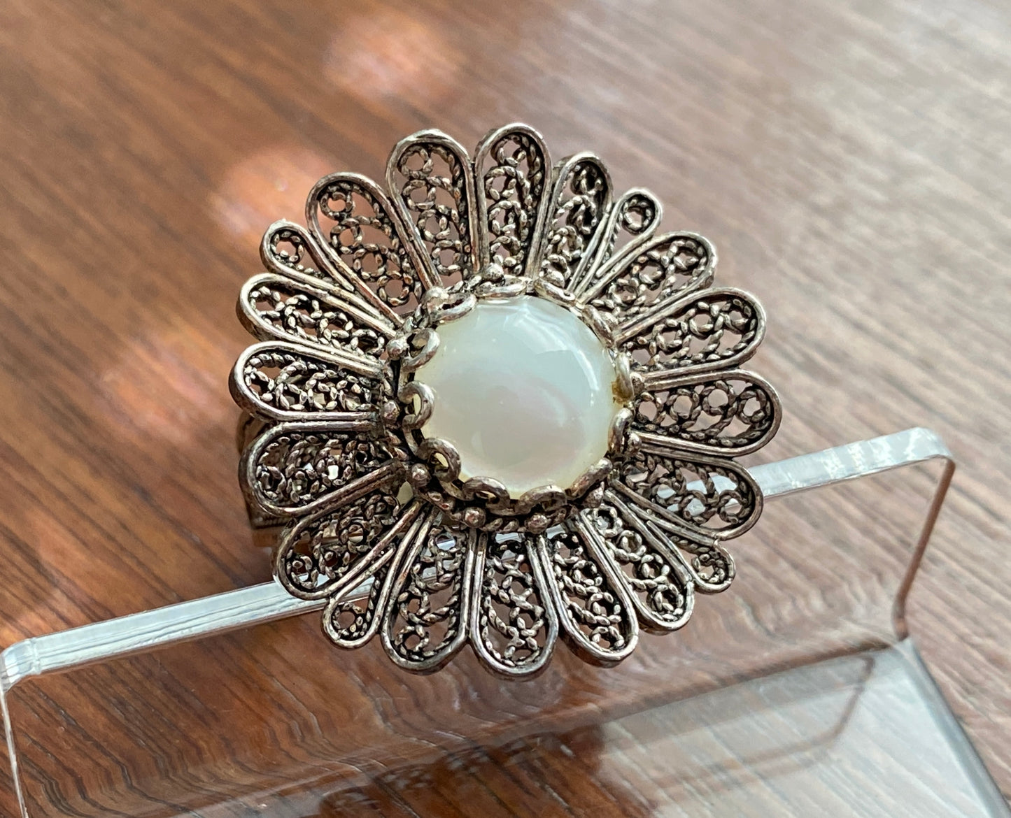 Sterling Silver 925 Moonstone Filigree Flower Ring Sz 10