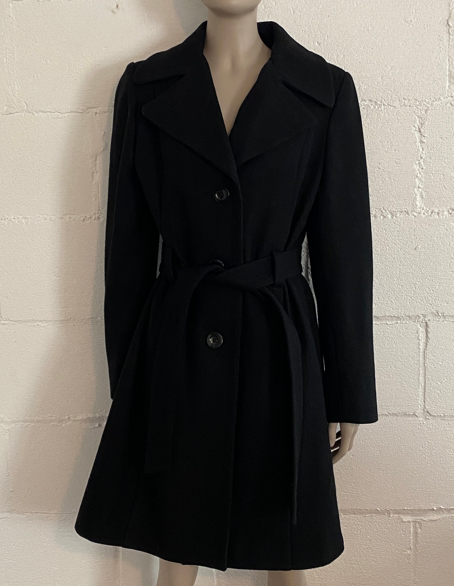 Black Anne Klein Belted Coat Sz M Wood Blend