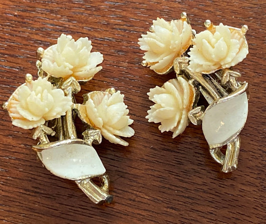 Vintage Carved White Rose Gold Tone White Enamel Clip on Earrings