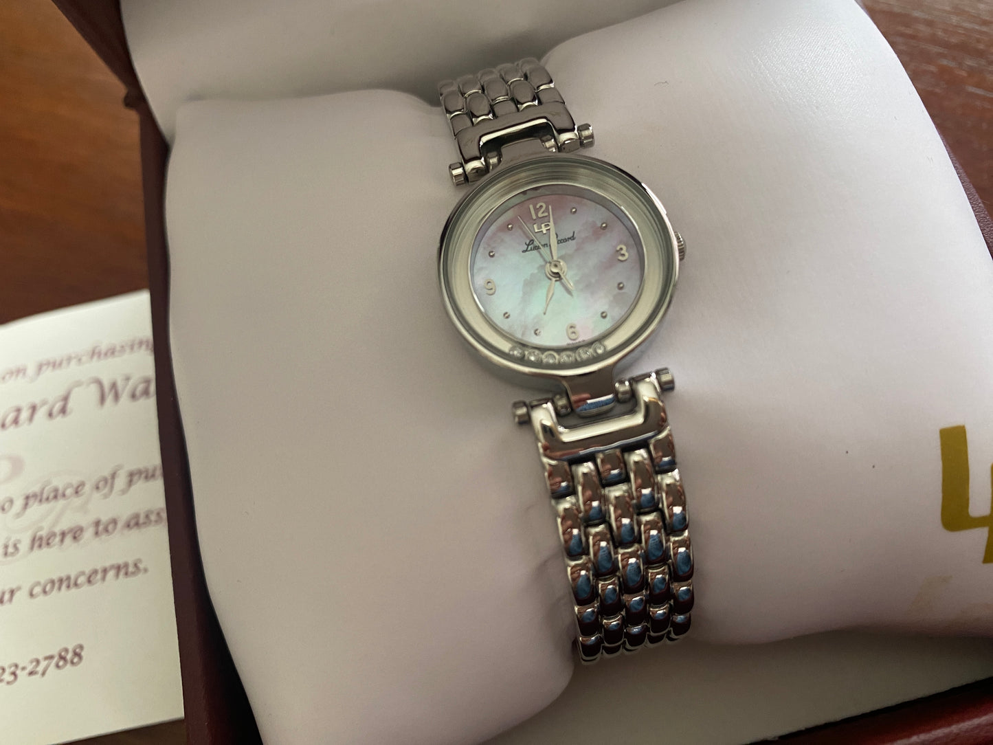 Silver Tone Lucien Piccard Ladies Wristwatch Lavender MOP in Box