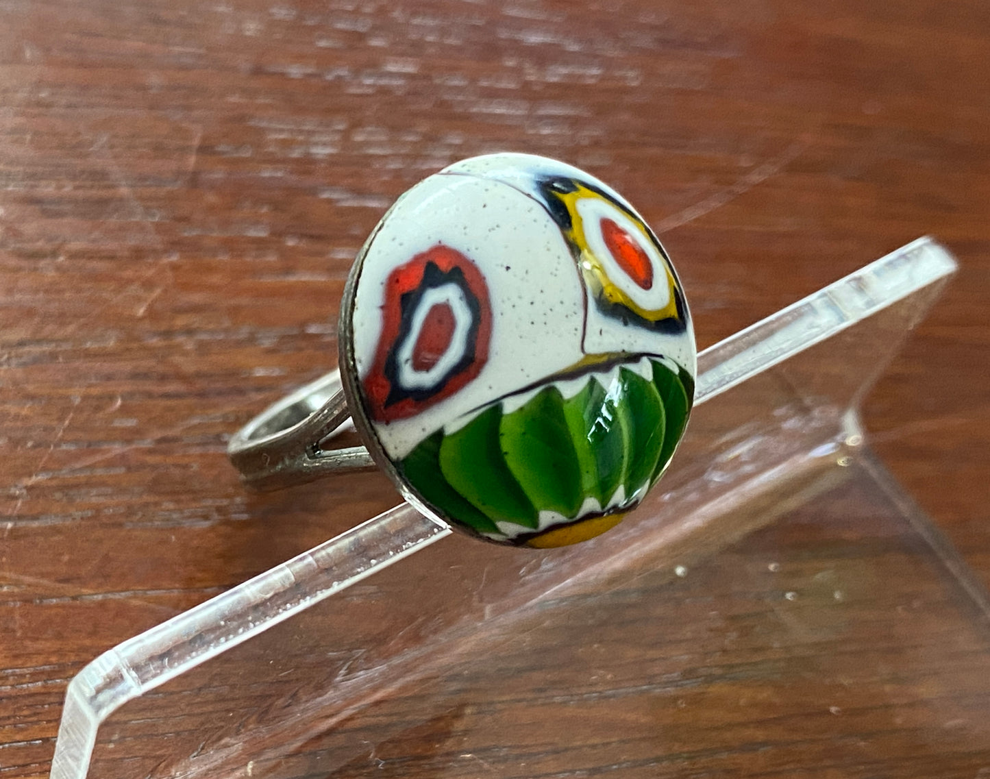 Vintage Silver Tone Art Glass Modernist Millefiori Ring Adjustable