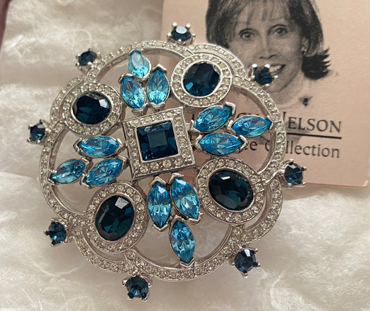 Silver Tone Blue Clear Marquise Rhinestone Nancy Nelson Brooch Pin