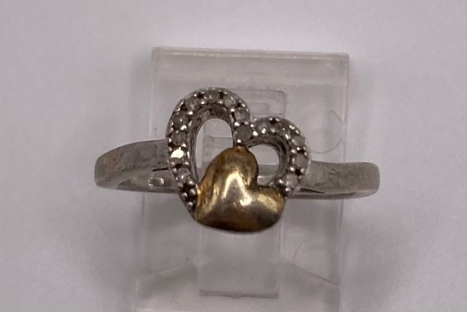 Sterling Silver 925 Gold Diamond Heart Ring Sz 6.5