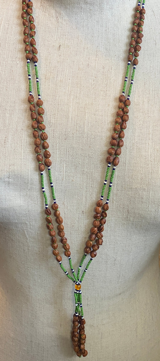 Tribal Style Seed Bead Wood Tassel Necklace Y Drop