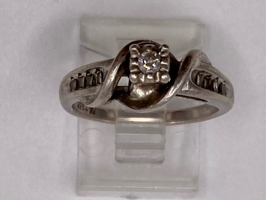 Sterling Silver 925 Diamond Engagement Ring Sz 6.5 Baguette Accents