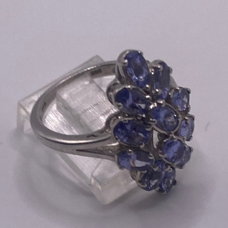 Sterling Silver 925 Oval Tanzanite Cluster Ring Sz 8 Signed STS