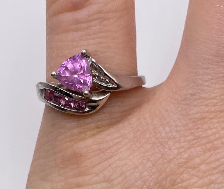 10k White Gold Trillion Cut Pink CZ Cocktail Ring Size 6.5 - Signed LGL