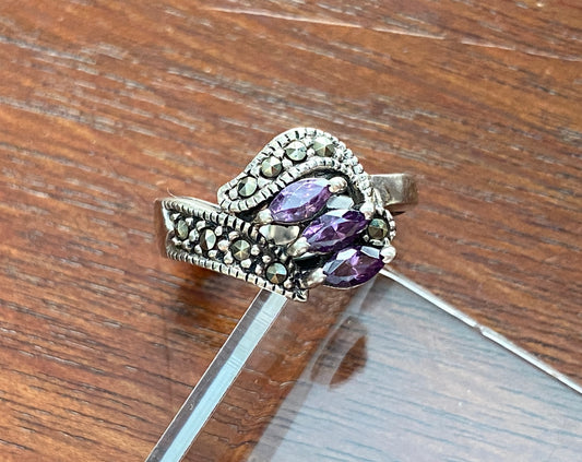 Sterling Silver 925 Marquise Amethyst Marcasite Ring Sz 6