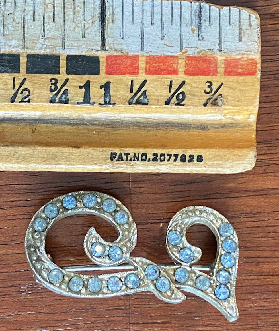 Vintage Silver Tone Pot Metal Blue Rhinestone Cursive F Initial Brooch Pin