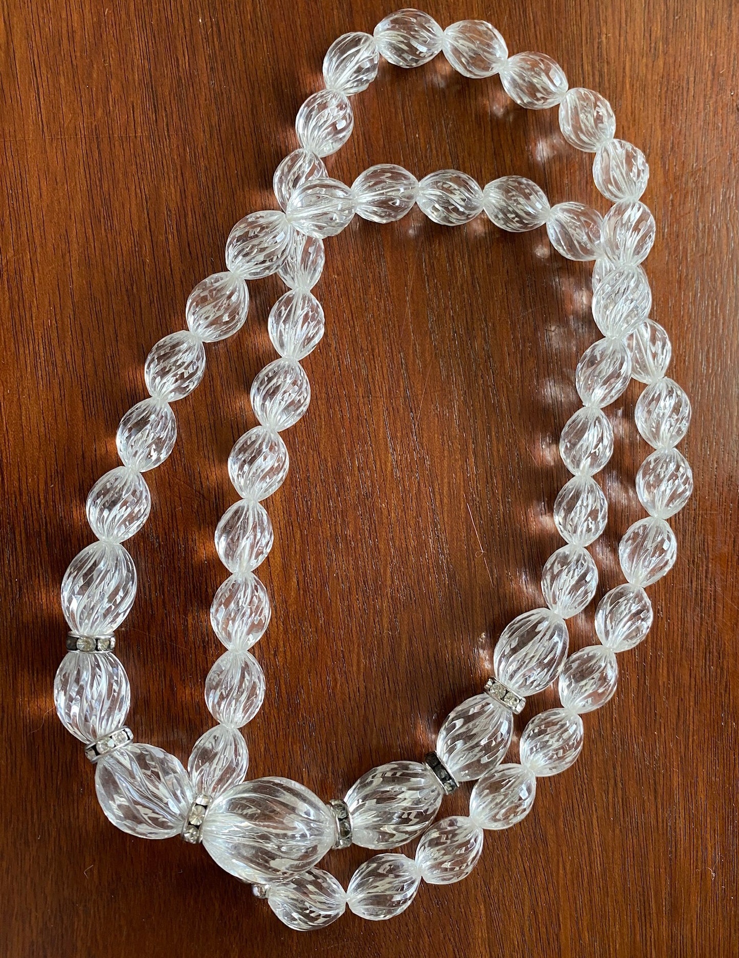 Vintage Clear Plastic Lucite Bead Necklace Silver Rhinestone Spacers