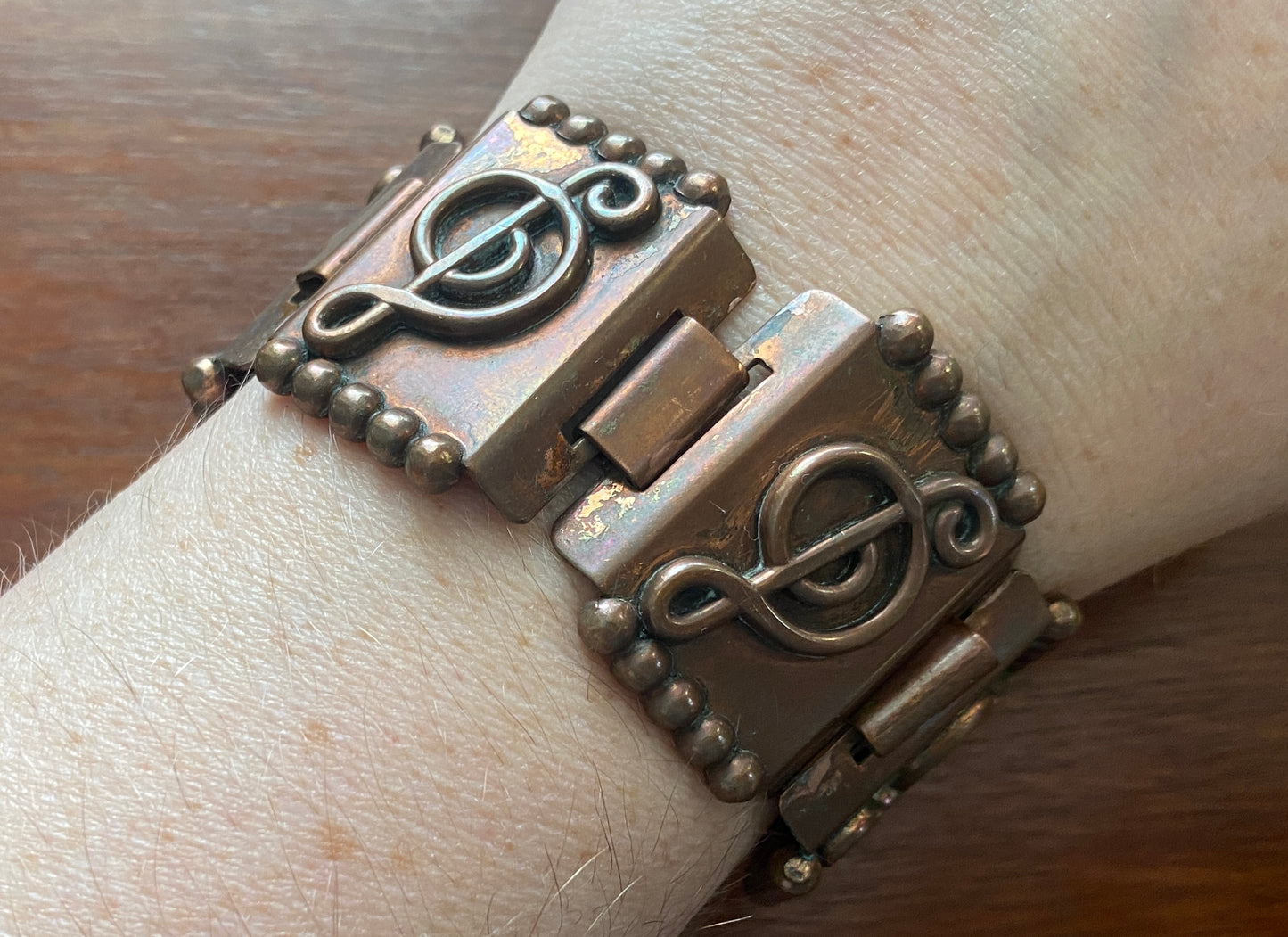 Vintage Copper Wide Panel Music Bracelet Unsigned Renoir Treble Clef